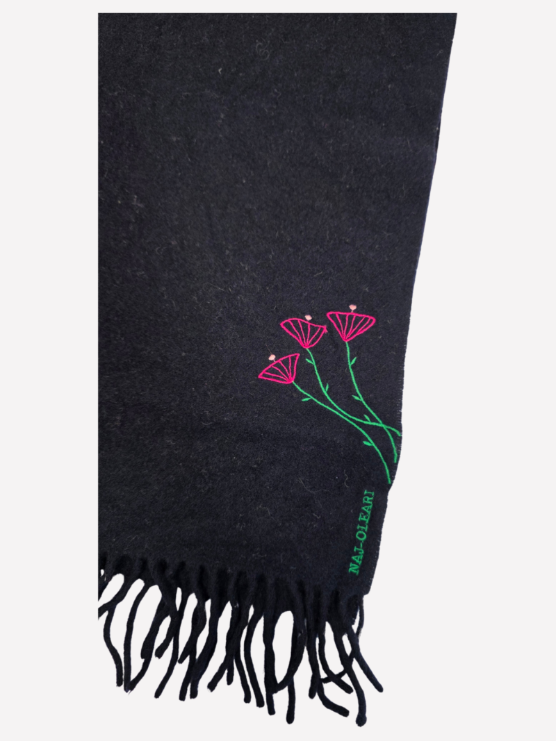 Dark blue wool scarf with floral embroidery - Image 2